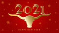 Happy New Year 2021 of the ox.Vector illustration of a golden bull who holds numbers on the horns. Snowflakes, and text