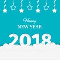 Happy New Year 2018 paper art design with clouds and garland set of white stars with silver ribbons on the blue background.