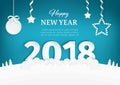 Happy New Year 2018 paper art design with numbers on the hill. Christmas trees, stars, and christmas ball with bow. Royalty Free Stock Photo