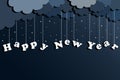 Happy New Year paper art greeting card. Clouds and stars on dark blue background Royalty Free Stock Photo