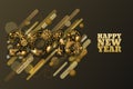 Happy New Year 2018 paper cut banner or greeting card. 3d gold numbers with stars, snowflakes on black background Royalty Free Stock Photo