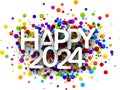 Happy New Year 2024 paper numbers for calendar header on colorful background made of multicolored confetti