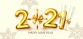 Happy New 2021 Year Party poster template with 3D realistic text, champagne glasses and gift box. Festive design Royalty Free Stock Photo