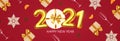 Happy New 2021 Year Party poster template with 3D realistic text, champagne glasses and gift box. Festive header design Royalty Free Stock Photo