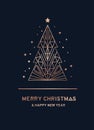 Happy New Year party rose gold card. Geometric christmas tree on navy blue background.