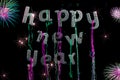 Happy new year party. Sliver glitter text with fireworks. Greeting card image.