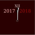 Happy new Year 2018 passing 2017 clock arms overlapping 2017 Vector illustration vivid dark red background Royalty Free Stock Photo