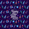 Happy new year 2020 pattern, hand drawn line with digital color, vector illustration