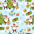 Happy new year pattern with Santa Claus, christmas tree, gifts, bell, stars, cock, rooster and snowman. Funny pattern on a blue ba Royalty Free Stock Photo