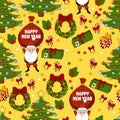 Happy new year pattern with Santa Claus, christmas tree, gifts, bell, stars, wreath. Funny pattern on a yellow background. Royalty Free Stock Photo