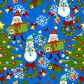 Happy new year pattern with Santa Claus, christmas tree, gifts, bell, wreath, stars and snowman. Funny pattern on a blue