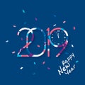 2019 Happy New Year. Patterned numbers with clock that count midnight on blue background. Royalty Free Stock Photo