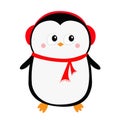 Happy New Year. Penguin icon. Red headphones hat. Merry Christmas. Cute cartoon kawaii baby character. Arctic animal. Flat design