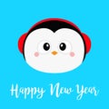 Happy New Year. Penguin round head face icon. Red headphones hat. Merry Christmas. Cute cartoon kawaii baby character. Arctic