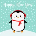 Happy New Year. Penguin on snowdrift. Red headphones hat. Merry Christmas. Cute cartoon kawaii baby character. Arctic animal. Flat