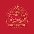 Happy new year , year of the pig with abstract gold line pig zodiac sign and china text mean pig and flower money coin on red