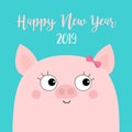 Happy New Year 2019. Pig piggy piglet girl face head. Eyes with eyelashes. Pink bow. Chinise symbol. Cute cartoon funny character. Royalty Free Stock Photo
