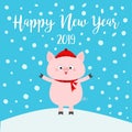 Happy New Year. Pig on snowdrift. Falling snowflakes. Chinise symbol of 2019 new year. Red hat and scarf. Hello winter. Cute carto Royalty Free Stock Photo