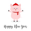 Happy New Year. Pig Wearing Red Hat, Scarf. Chinise Symbol Of 2019. Snowflake On Tongue. Cute Cartoon Funny Character. Flat Design