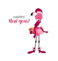 Happy New Year! Pink flamingo in santa`s hat and with a gift. Christmas flamingo.