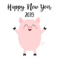 Happy New Year 2019. Pink pig. Piggy piglet. Chinise symbol. Cute cartoon funny kawaii smiling baby character. Flat design. White Royalty Free Stock Photo