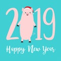 Happy New Year 2019 pink text. Cute fat pig. Piggy piglet. Santa hat. Chinise symbol. Cartoon funny kawaii smiling baby character Royalty Free Stock Photo