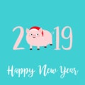 Happy New Year 2019 pink text. Cute fat pig in santa hat. Piggy piglet. Chinise symbol. Cartoon funny kawaii smiling baby Royalty Free Stock Photo