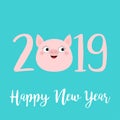 Happy New Year 2019 pink text. Cute pig face head. Piggy piglet. Chinise symbol. Cartoon funny kawaii smiling baby character. Flat Royalty Free Stock Photo