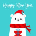 Happy New Year. Polar white bear cub face holding gift box present. Red Santa hat, scarf. Cute cartoon baby character. Merry