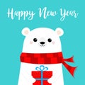 Happy New Year. Polar white bear cub face holding gift box present. Red scarf. Cute cartoon baby character. Merry Christmas.