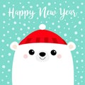 Happy New Year. Polar white bear cub face. Red hat. Merry Christmas. Cute cartoon baby character. Arctic animal. Hello winter.