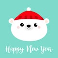 Happy New Year. Polar white bear cub face round icon. Red hat. Merry Christmas. Cute cartoon baby character. Arctic animal. Hello