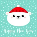 Happy New Year. Polar white bear cub face round icon. Red hat. Merry Christmas. Cute cartoon baby character. Arctic animal. Hello