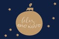 Happy New Year in portuguese Feliz Ano Novo handwritten lettering calligraphy. Golden decoration ball and stars