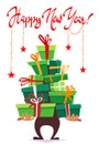 Happy new year post card greeting party invitation , lot many gift boxes of gifts stack triangle stand christmas tree form with ri