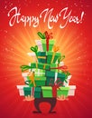 Happy new year post card greeting party invitation , lot many gift boxes of gifts stack triangle stand christmas tree form with ri