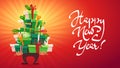 Happy new year post card greeting party invitation , lot many gift boxes of gifts stack triangle stand christmas tree form with ri