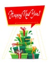 Happy new year post card greeting party invitation , lot many gift boxes of gifts stack triangle stand christmas tree form with ri