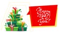 Happy new year post card greeting party invitation , lot many gift boxes of gifts stack triangle stand christmas tree form with ri