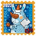 Happy new 2023 year postage stamp with snowman postman