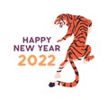 Happy New Year postcard design for 2022. Chinese tiger, oriental Asian symbol of lunar horoscope. Traditional Korean