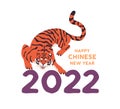 2022 Happy New Year postcard design with tiger, oriental Chinese animal symbol of lunar horoscope. Traditional Asian