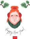 Happy New Year postcard Girl Teen Piggy 2019