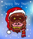 Happy New 2016 Year postcard with gorilla monkey in Christmas hat Royalty Free Stock Photo