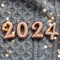 Happy New Year 2024 Postcard. Number 2024 on gray knitted background. Copy space Royalty Free Stock Photo