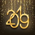 Happy New Year 2019 postcard realistic golden numbers and confetti Royalty Free Stock Photo