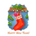 Happy New Year postcard with stocks stockings full of candies and presents gift boxes. Digital art illustration of sock on wall, Royalty Free Stock Photo