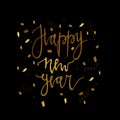 Happy new year postcard template. Modern lettering isolated on black background. Christmas card concept. Handwritten modern brush Royalty Free Stock Photo