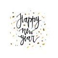 Happy new year postcard template. Modern lettering isolated on white background. Christmas card concept. Handwritten modern brush Royalty Free Stock Photo