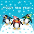 Happy new year! Postcard with three cute cartoon penguins in hats and scarves against the snow and falling snowflakes